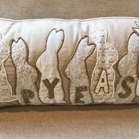 Bella Lux Gold Bead Lace Bunny Appliqué Happy Easter Decorative Accent Pillow - Picture 4 of 11